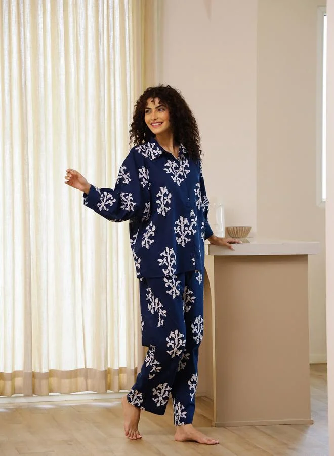 Sanskrutihomes  Navy Blue Relaxed Printed Collar Shirt and Pyjama Set for Women | Best Price UAE