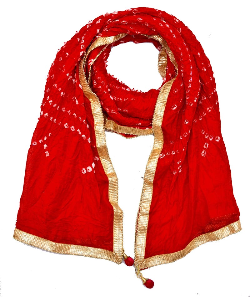 PK HUB Women's Jaipuri Rajasthani Women Silk Bandhani Bandhej Multi-Colored Heavy Dupatta with Gota Work and Latkan - (Red Glitter Border) (Free Size) - Image 1