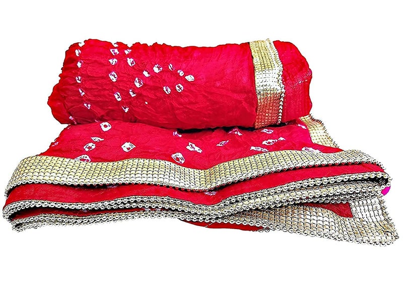 PK HUB Women's Jaipuri Rajasthani Women Silk Bandhani Bandhej Multi-Colored Heavy Dupatta with Gota Work and Latkan - (Red Glitter Border) (Free Size) - Image 4