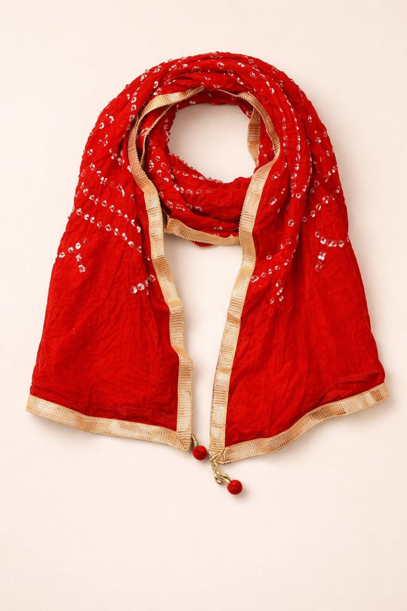 PK HUB Women's Jaipuri Rajasthani Women Silk Bandhani Bandhej Multi-Colored Heavy Dupatta with Gota Work and Latkan - (Red Glitter Border) (Free Size) - Image 2