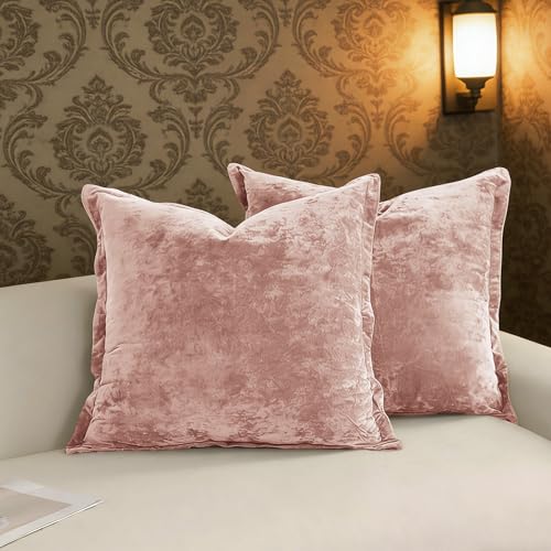 LR Rocaloca Greek Velvet Euro Sham Covers Set of 2 26x26 Luxury Soft Solid Pillow Covers for Living Room Bedroom Yard,Pink - Image 1