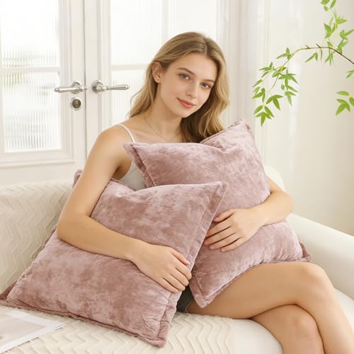 LR Rocaloca Greek Velvet Euro Sham Covers Set of 2 26x26 Luxury Soft Solid Pillow Covers for Living Room Bedroom Yard,Pink - Image 4