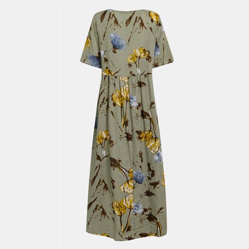 2021 summer plus size women's ethnic style retro small fresh floral dress round neck short sleeve loose dress Beige S - Image 4