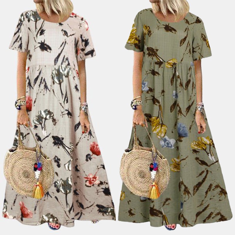 2021 summer plus size women's ethnic style retro small fresh floral dress round neck short sleeve loose dress Beige S - Image 2
