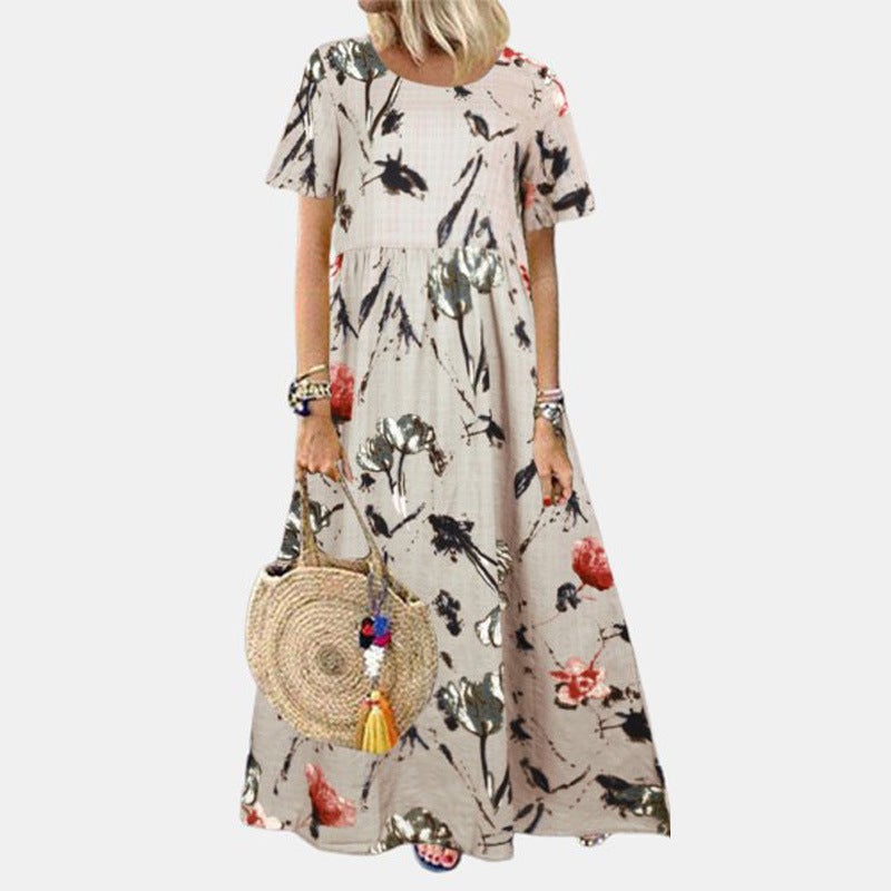 2021 summer plus size women's ethnic style retro small fresh floral dress round neck short sleeve loose dress Beige S - Image 3