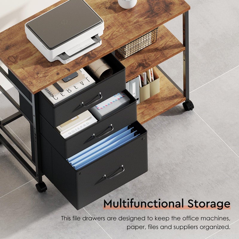 Maihail 3 Drawer File Cabinet with Wheels Rolling Printer Stand with Open Storage Shelf Fabric Lateral Filing Cabinet for Home Office,Rustic Brown - Image 3