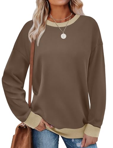 Saloogoe Long Sleeve Shirts for Women Crewneck Sweatshirts Casual Fall Fashion 2025 Tops Brown M - Image 1