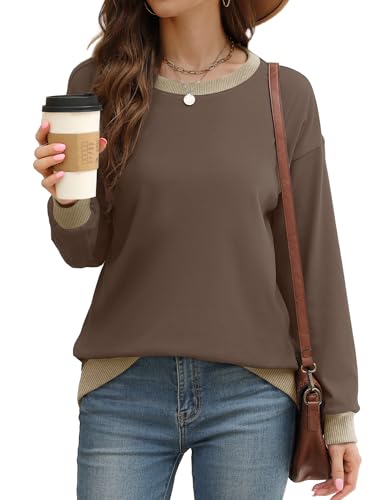 Saloogoe Long Sleeve Shirts for Women Crewneck Sweatshirts Casual Fall Fashion 2025 Tops Brown M - Image 2