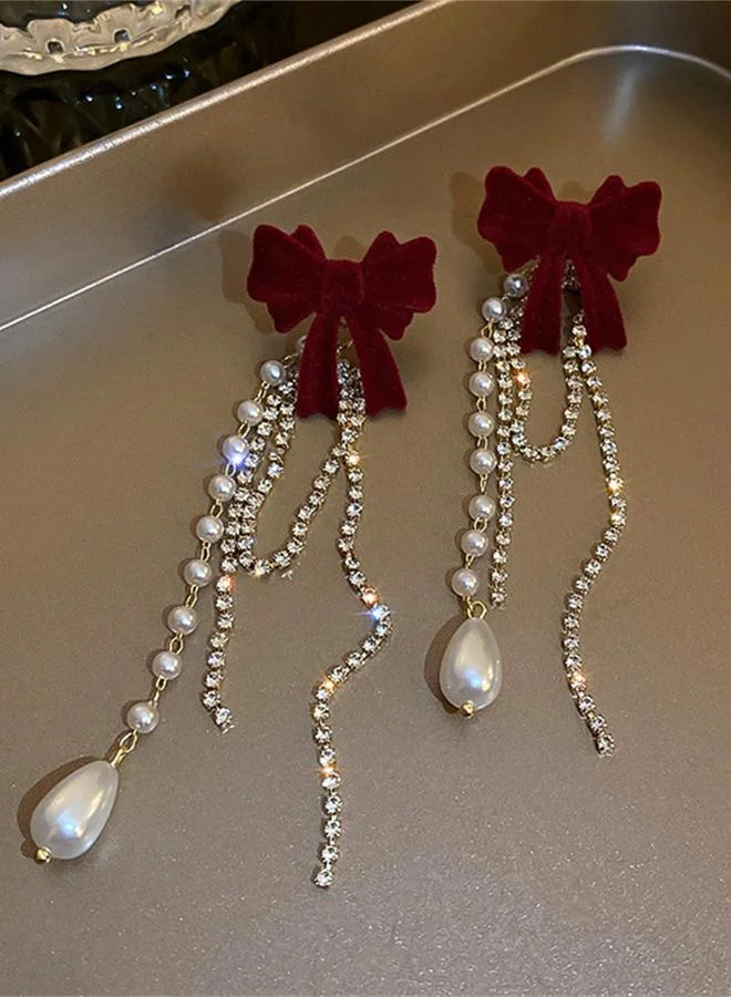 تايك تو Red Bow Tassel Dangle Earrings