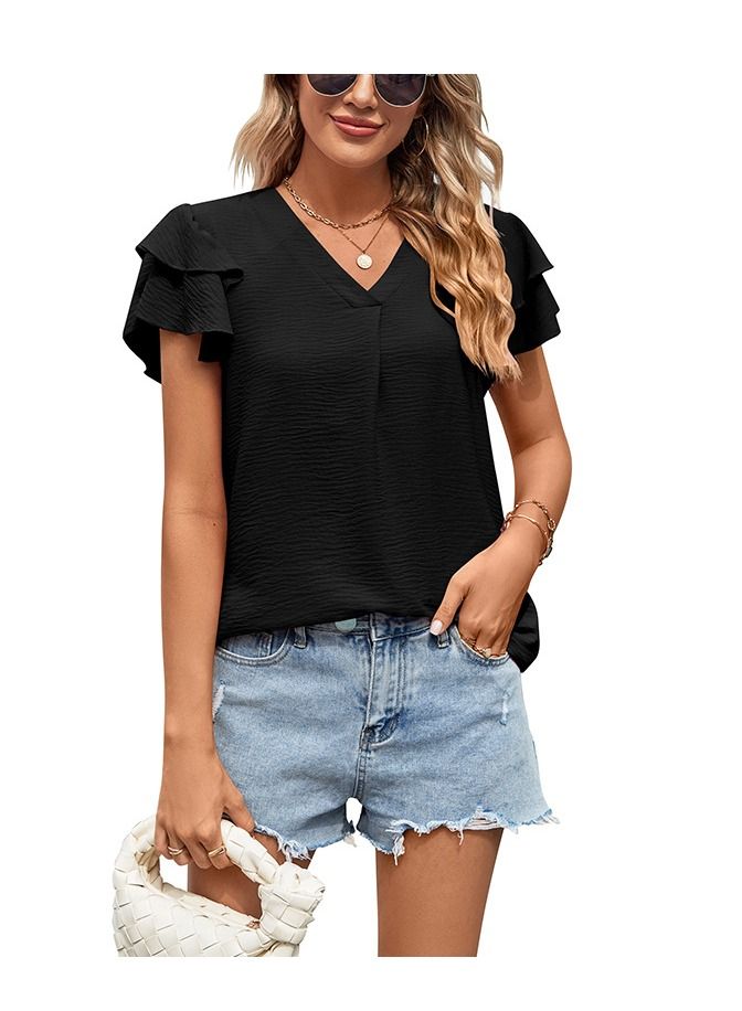 Loquat Summer New V-neck Lotus Sleeve Women's Short Sleeved Shirt 