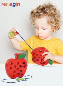 Educational Lacing Toy for Toddlers, Wooden Worm Eating Apple Threading Toy, Toddler Stringing Geometric Figures Toy, Suitable for Small Hands to Hold and Play, Ideal Creative Travel Toy and Gift, 14*2.5*15cm