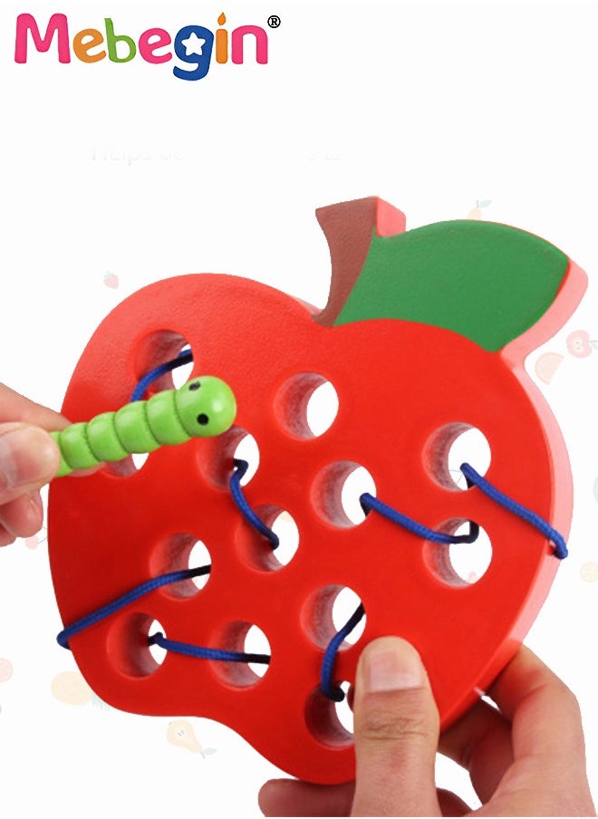 MEBEGIN - Educational Lacing Toy for Toddlers, Wooden Worm Eating Apple Threading Toy, Toddler Stringing Geometric Figures Toy, Suitable for Small Hands to Hold and Play, Ideal Creative Travel Toy and Gift, 14*2.5*15cm - Image 1