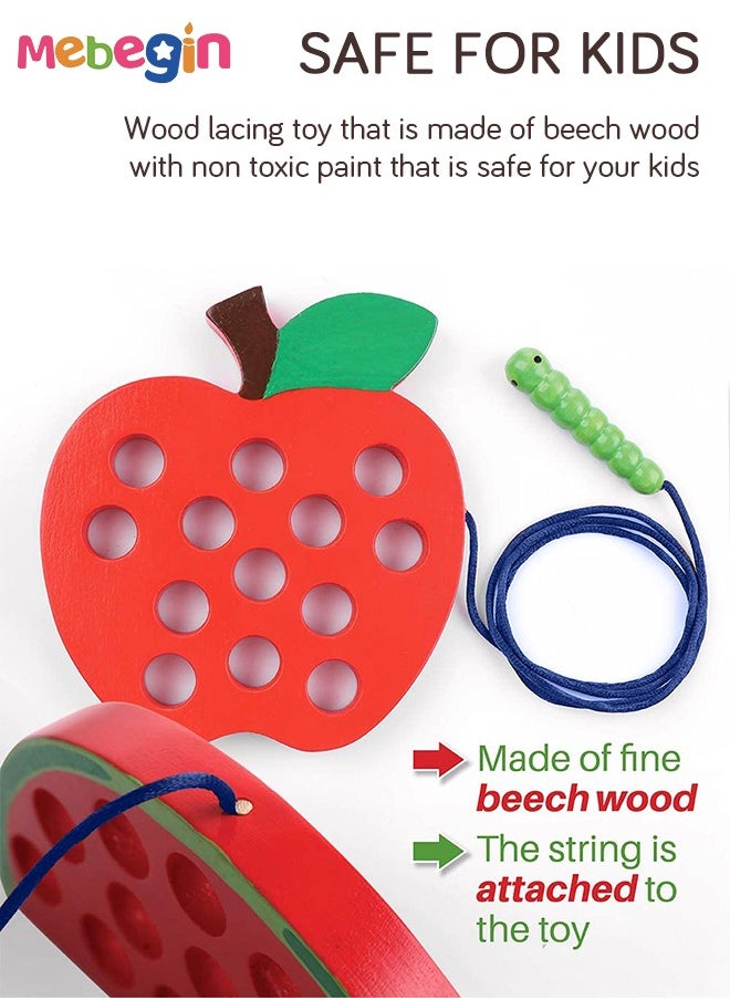 MEBEGIN - Educational Lacing Toy for Toddlers, Wooden Worm Eating Apple Threading Toy, Toddler Stringing Geometric Figures Toy, Suitable for Small Hands to Hold and Play, Ideal Creative Travel Toy and Gift, 14*2.5*15cm - Image 1