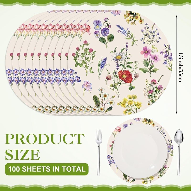 Moinchore 100 Pack Round Wildflowers Paper Placemats 13 Inch Vintage Floral Disposable Table Mats Paper Place Mats Dinnerware for Baby Shower Bridal Birthday Kitchen Wedding Party Supplies - Image 3