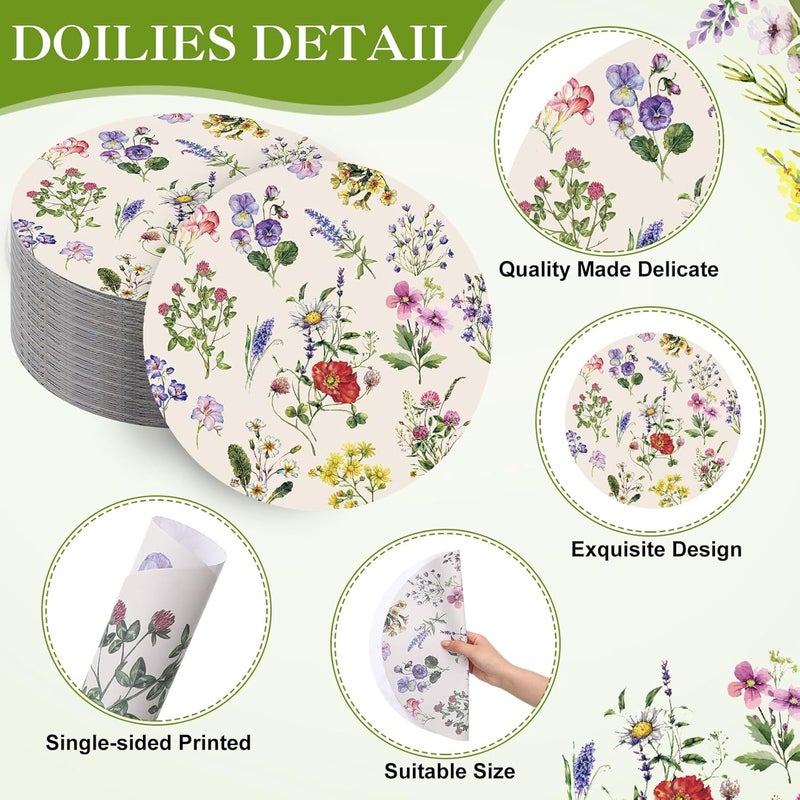 Moinchore 100 Pack Round Wildflowers Paper Placemats 13 Inch Vintage Floral Disposable Table Mats Paper Place Mats Dinnerware for Baby Shower Bridal Birthday Kitchen Wedding Party Supplies - Image 2