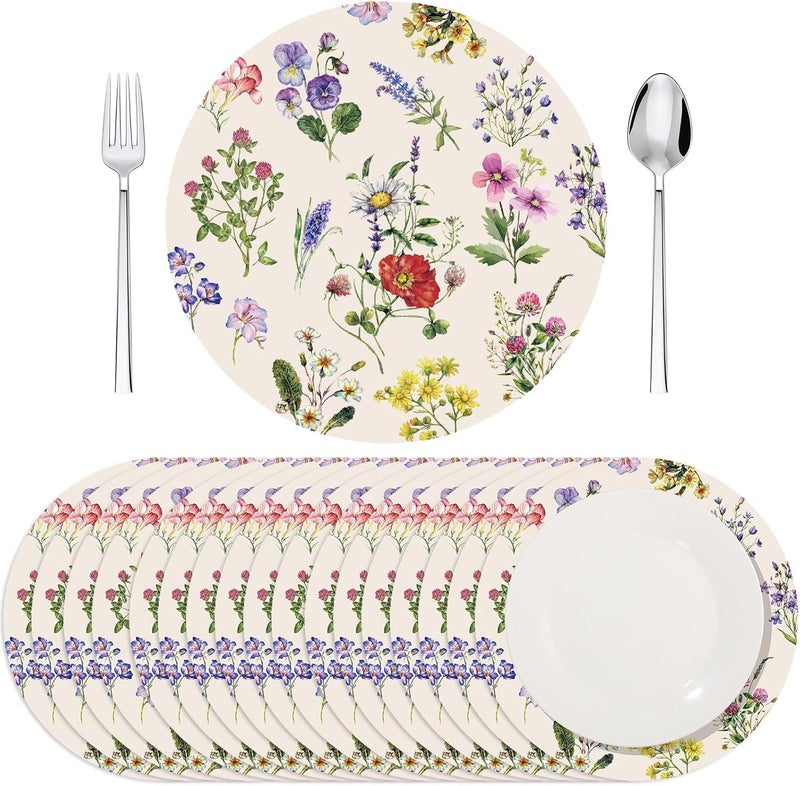 Moinchore 100 Pack Round Wildflowers Paper Placemats 13 Inch Vintage Floral Disposable Table Mats Paper Place Mats Dinnerware for Baby Shower Bridal Birthday Kitchen Wedding Party Supplies - Image 1
