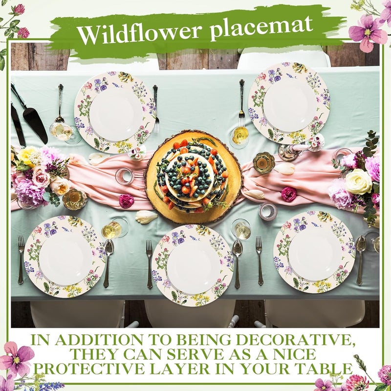 Moinchore 100 Pack Round Wildflowers Paper Placemats 13 Inch Vintage Floral Disposable Table Mats Paper Place Mats Dinnerware for Baby Shower Bridal Birthday Kitchen Wedding Party Supplies - Image 5