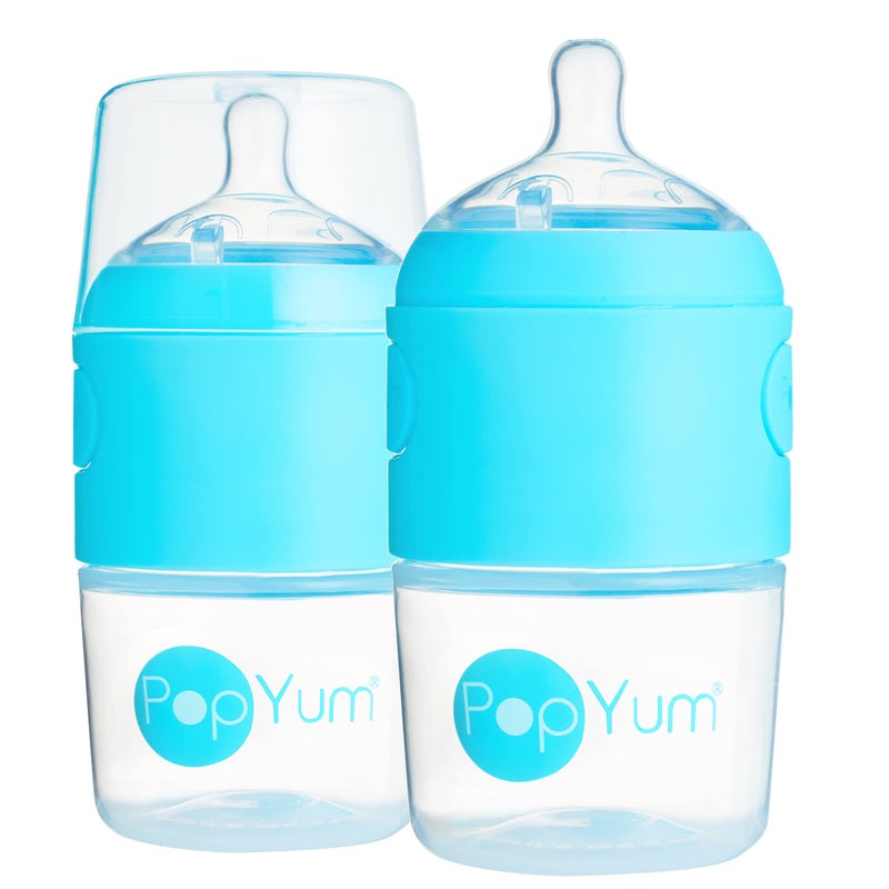 PopYum 5 oz Blue Anti-Colic Formula Making/Mixing/Dispenser Baby Bottles, 2-Pack with #1 Slow Flow Nipples, 150 ml, BPA-Free, Natural Latch - Image 1