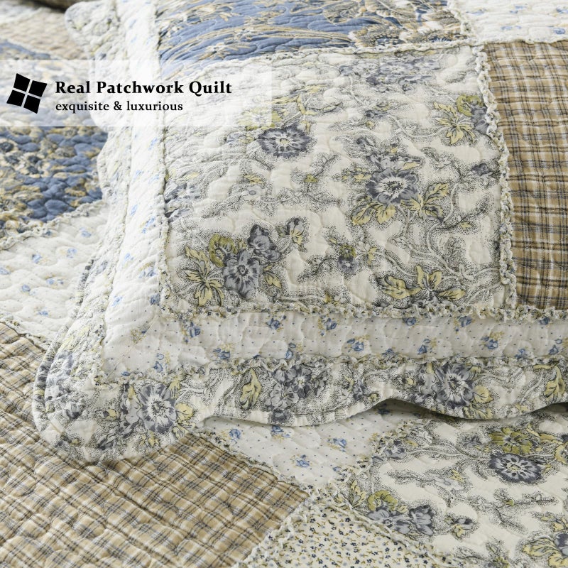 Yvooxny Quilt Set King Size Reversible Country Farmhouse Floral Real Patchwork Quilted Bedspread 3-Piece Quilt Set with Pillowcases with Ruffles for All Seasons, 96 x 108 Inches - Image 5