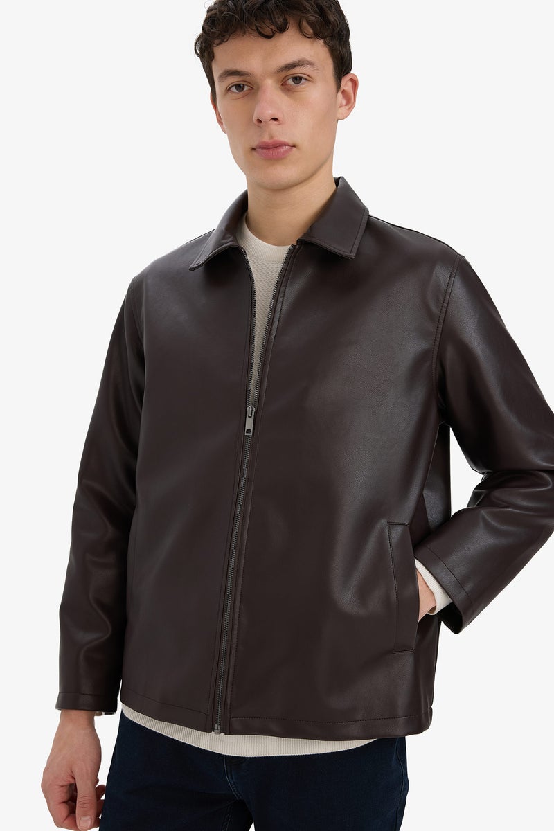 DeFacto Brown Man Regular Fit Shirt Collar Zippered Seasonal Faux Leather Jacket Casual - Image 1