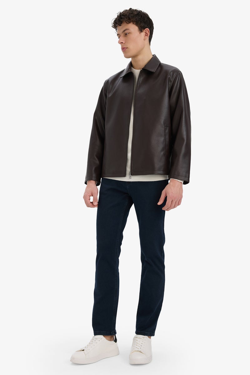 DeFacto Brown Man Regular Fit Shirt Collar Zippered Seasonal Faux Leather Jacket Casual - Image 2