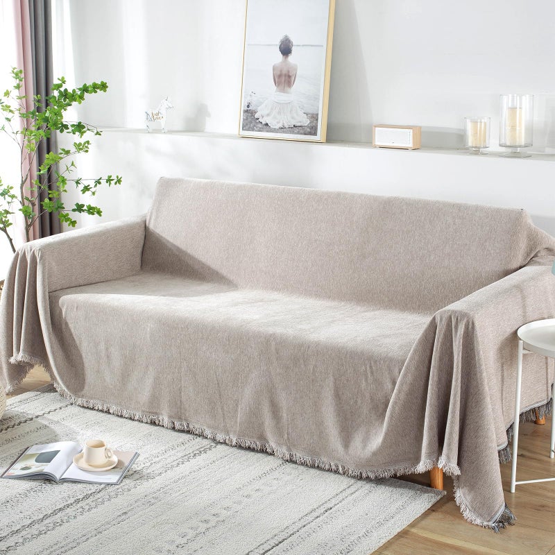 Foreate Extra Wide 91x134 Chenille Sofa Cover Water Resistant Sofa Covers Washable Sectional Couch Covers for 2 3 Cushion Tassel Edge Durable Couch Protector for Dogs Khaki 91x134
