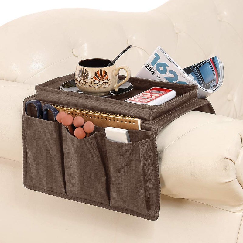 NICEYST Brown Classic Functional Sofa Caddy Bedside Organizer with 8 Pockets TV Remote Holder Bed Storage Pocket Bag for Cellphone Tablet Notepad Book Magazines DVD Glasses