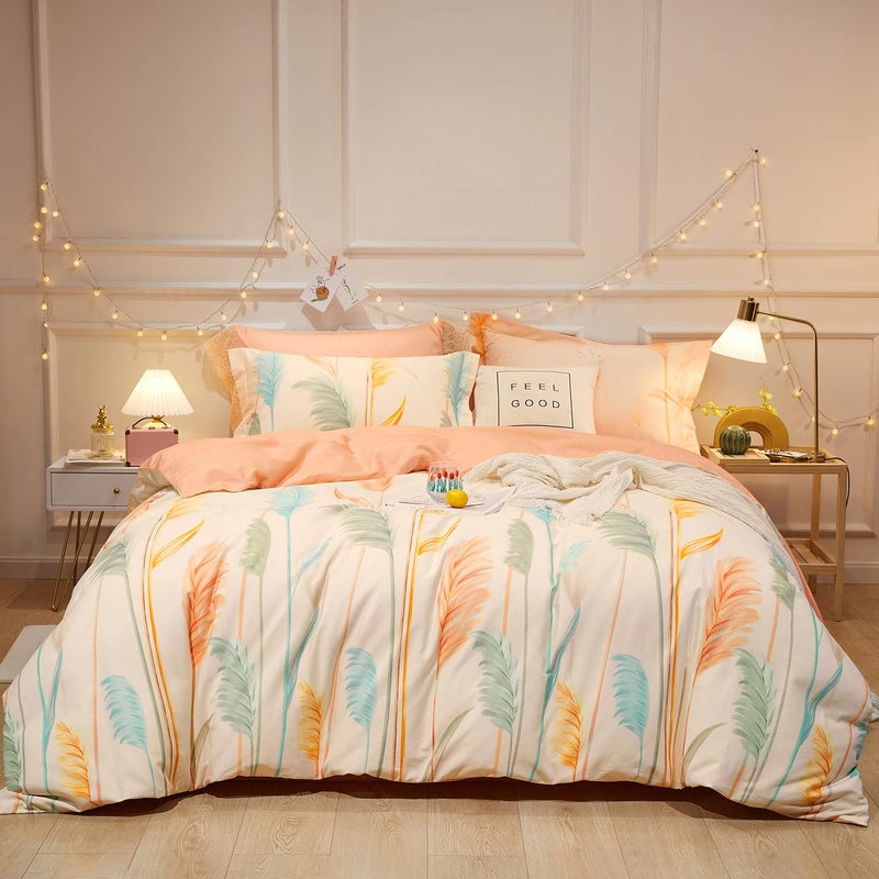 SAPHREAS Plant Reeds Beige Duvet Cover Set Twin Size Cotton 3 Piece Bedding Comforter Duvet Cover Set 1 Duvet Cover 2 Pillow Shams - Image 1