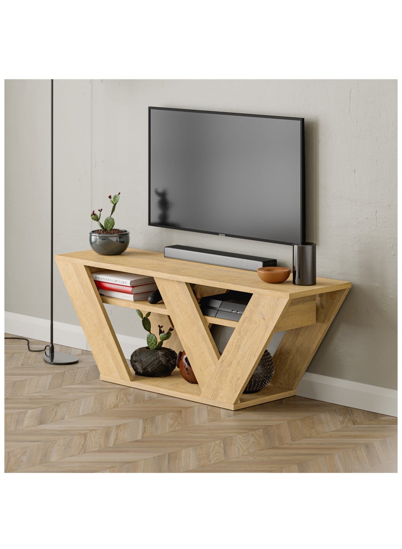 موراه حامل تلفزيون عصري من موراه هوم بيبرالا لأجهزة التلفزيون حتى 43 بوصة - أرفف تخزين هندسية - وحدة تحكم لغرفة المعيشة أو غرفة النوم أو المكتب - 30 × 40 × 110 سم - خشب البلوط - Image 2