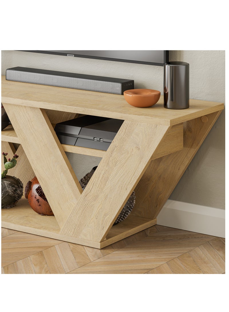 موراه حامل تلفزيون عصري من موراه هوم بيبرالا لأجهزة التلفزيون حتى 43 بوصة - أرفف تخزين هندسية - وحدة تحكم لغرفة المعيشة أو غرفة النوم أو المكتب - 30 × 40 × 110 سم - خشب البلوط - Image 3