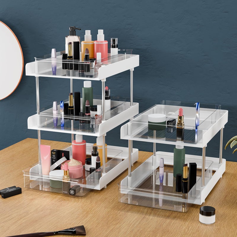 Kuber Industries Kuber Industires 2 Pcs Polypropylene Clear 2 & 3 Tier Under Sink Storage Organizer | Makeup Vanity Stand Box for Dressing Table | Countertop Drawer Organizer for Medicine & Bathroom Cabinet | White - Image 1