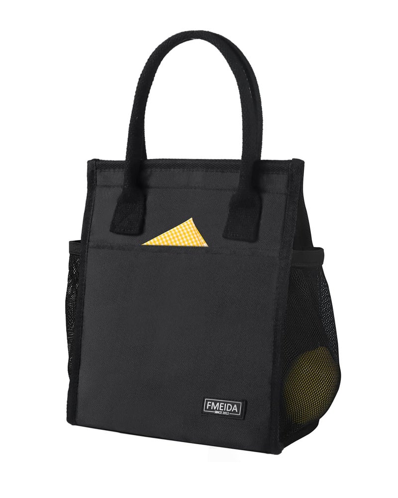 Fmeida Insulated Lunch Bag  Thermal Black with Side  Interior Pockets Reusable Adult Lunch Tote for Women Men Office Work College Beach Travel