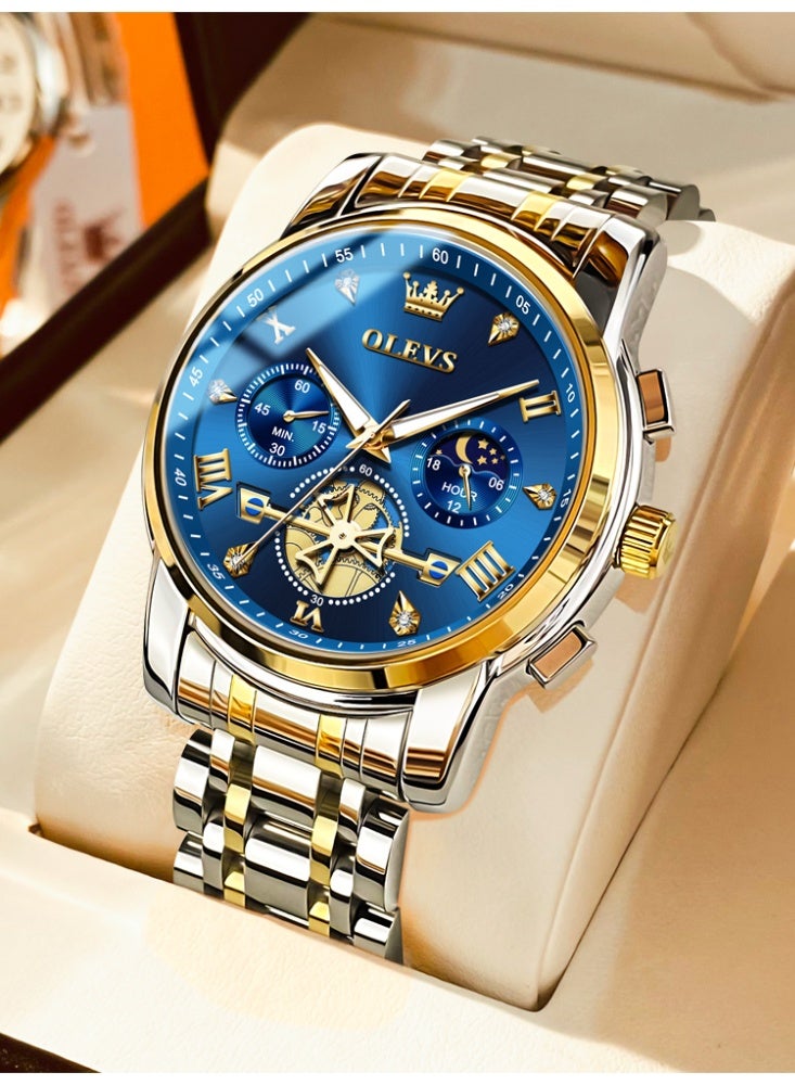 أوليفز ساعة OLEVS للرجال من الفولاذ المقاوم للصدأ كرونوغراف وجه كبير سهل القراءة ساعات كوارتز تناظرية فاخرة مقاومة للماء وتاريخ الماس مينا أرقام عربية رومانية ساعات معصم رسمية - Image 1