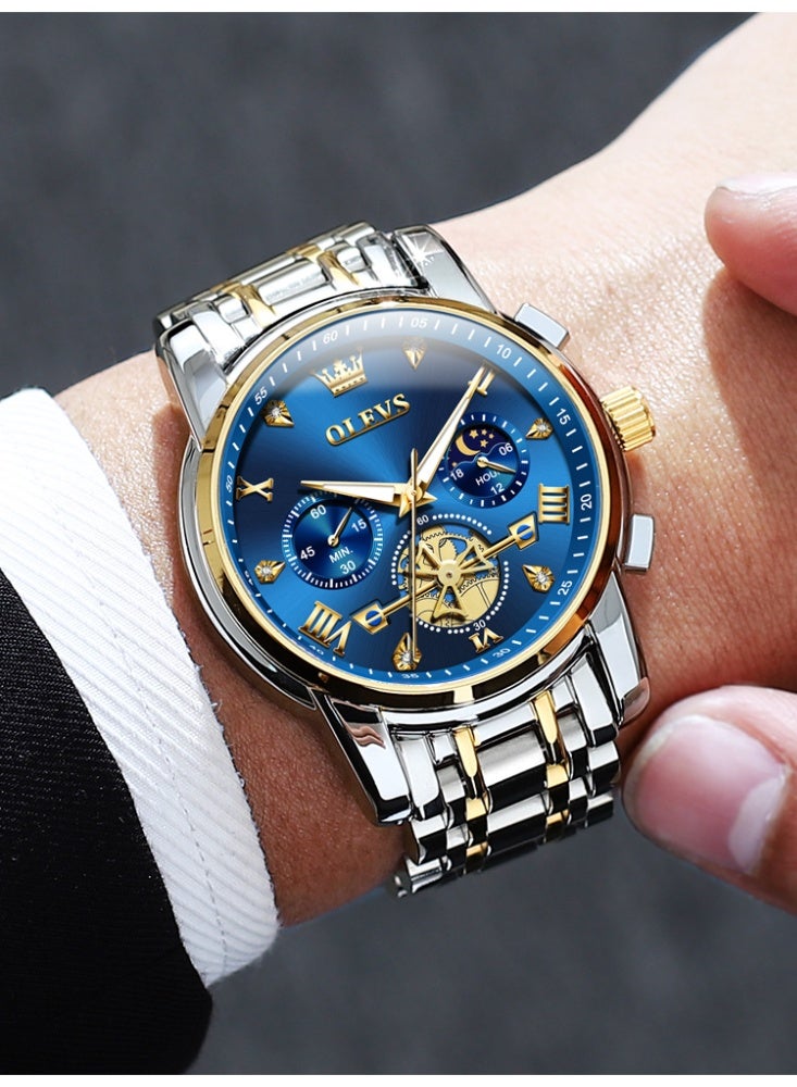 أوليفز ساعة OLEVS للرجال من الفولاذ المقاوم للصدأ كرونوغراف وجه كبير سهل القراءة ساعات كوارتز تناظرية فاخرة مقاومة للماء وتاريخ الماس مينا أرقام عربية رومانية ساعات معصم رسمية - Image 3