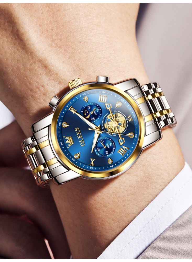 أوليفز ساعة OLEVS للرجال من الفولاذ المقاوم للصدأ كرونوغراف وجه كبير سهل القراءة ساعات كوارتز تناظرية فاخرة مقاومة للماء وتاريخ الماس مينا أرقام عربية رومانية ساعات معصم رسمية - Image 2