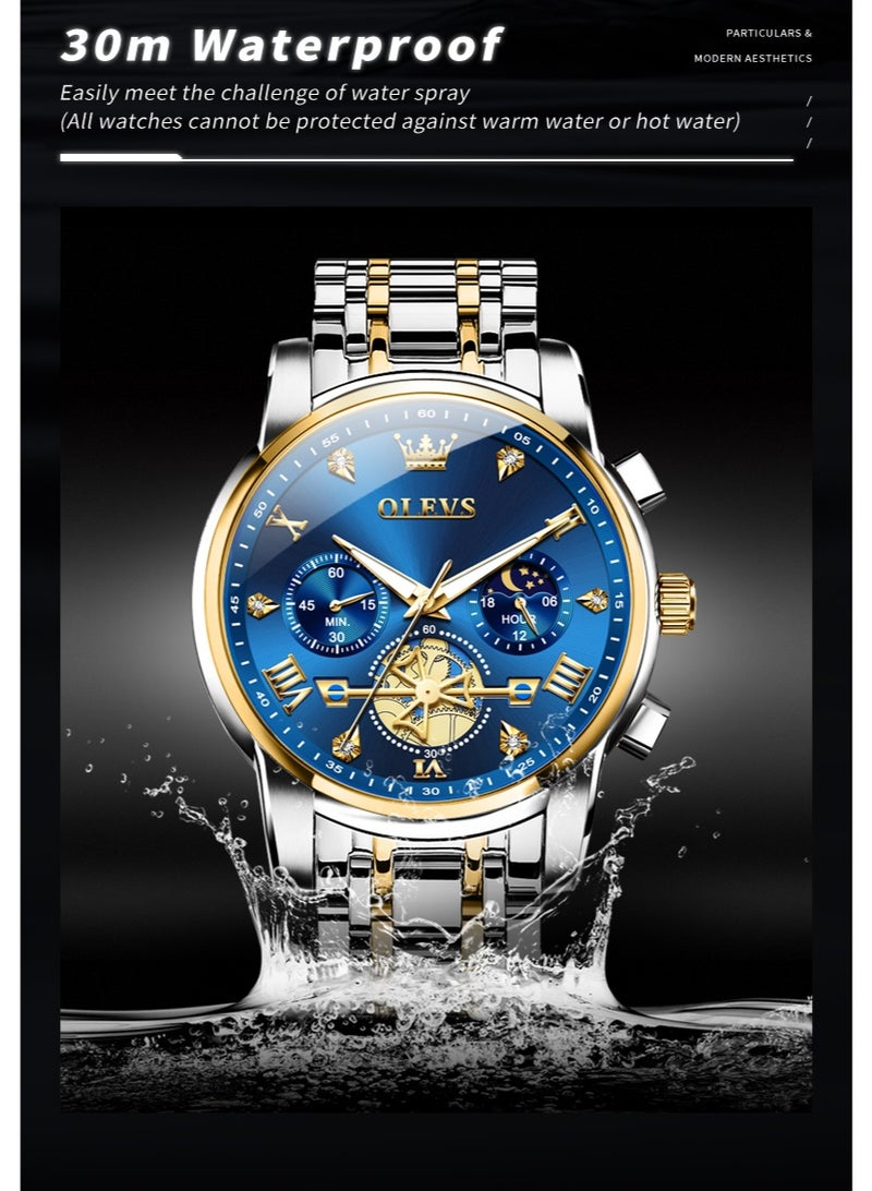 أوليفز ساعة OLEVS للرجال من الفولاذ المقاوم للصدأ كرونوغراف وجه كبير سهل القراءة ساعات كوارتز تناظرية فاخرة مقاومة للماء وتاريخ الماس مينا أرقام عربية رومانية ساعات معصم رسمية - Image 4