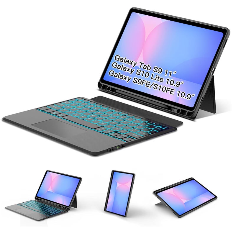 WERNURPAI Trackpad Keyboard Case for Samsung Galaxy Tab S9 11S9 FE 109 2023S10 FE 109 5G 2025 Magnetic S9 FE Tablet Portable Stand Cover Detachable Wireless 7Color Backlit Keyboard Black S Pen Slot - Image 2