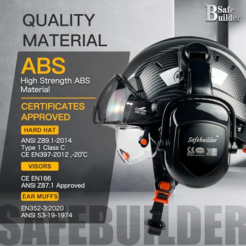 SAFEBUILDER Safety Helmet With Goggles Ear Muffs Work at Hight Carbon Fiber Abs Hard Hats For Industrial Construction Head Protection ANSI Z89.1 Approve (01-Matte Black+Clear&Tinted Goggle+B07Earmuff) - Image 3