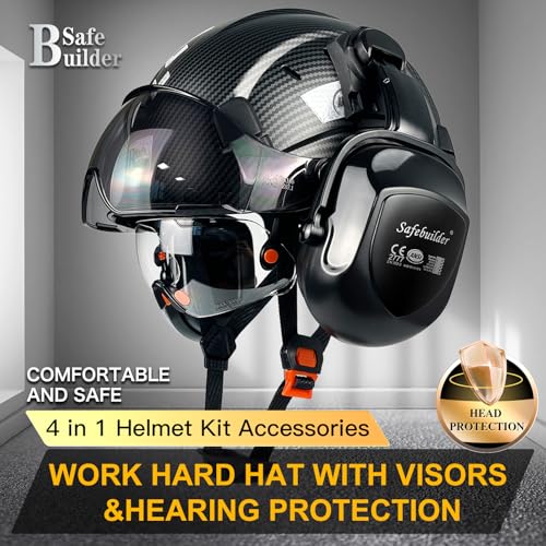 SAFEBUILDER Safety Helmet With Goggles Ear Muffs Work at Hight Carbon Fiber Abs Hard Hats For Industrial Construction Head Protection ANSI Z89.1 Approve (01-Matte Black+Clear&Tinted Goggle+B07Earmuff) - Image 2