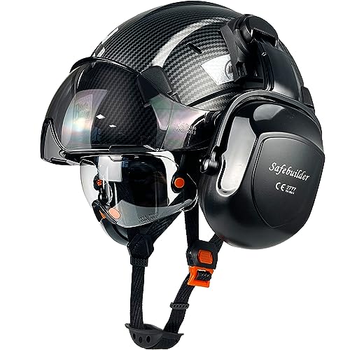SAFEBUILDER Safety Helmet With Goggles Ear Muffs Work at Hight Carbon Fiber Abs Hard Hats For Industrial Construction Head Protection ANSI Z89.1 Approve (01-Matte Black+Clear&Tinted Goggle+B07Earmuff) - Image 1