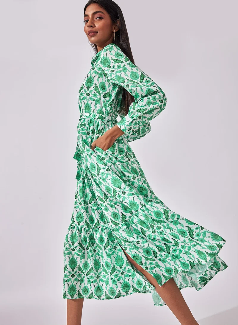 The Label Life Floral Print Midi Shirtdress with Tie-Waist