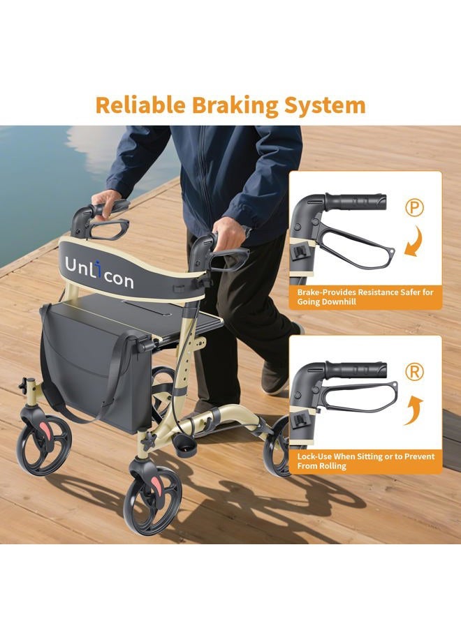 UNLICON Rollator Walkers for Seniors Folding Rollator Walker with Seat and Four 8 inch Wheels Medical Rollator Walker with Comfort Handles and Thick Backrest Aluminium Frame,Champagne - Image 3