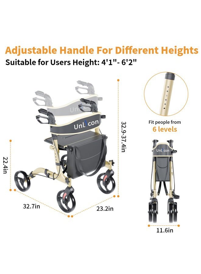 UNLICON Rollator Walkers for Seniors Folding Rollator Walker with Seat and Four 8 inch Wheels Medical Rollator Walker with Comfort Handles and Thick Backrest Aluminium Frame,Champagne - Image 2