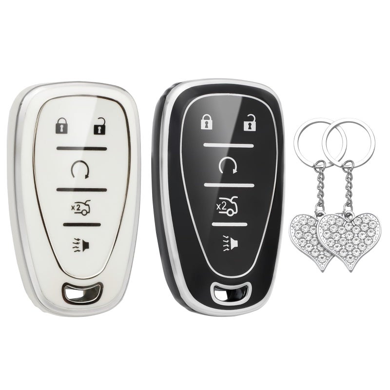 LECART Key Fob Covers fit for 2023 2022 2021 Equinox Traverse Malibu Trax Camaro Blazer TPU Key Shell Case 5 Buttons Full Protection Car Key Cover with Bling Key Ring 2 Pack White Black - Image 3