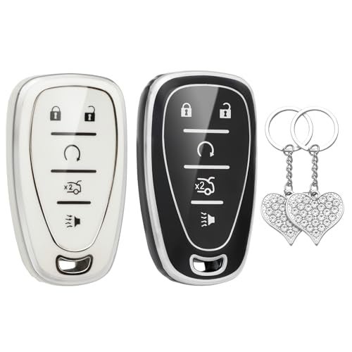 LECART Key Fob Covers fit for 2023 2022 2021 Equinox Traverse Malibu Trax Camaro Blazer TPU Key Shell Case 5 Buttons Full Protection Car Key Cover with Bling Key Ring 2 Pack White Black - Image 1