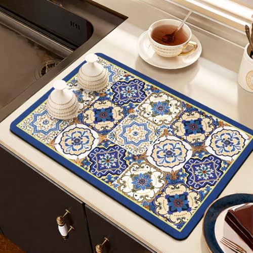 Home-Cloud HomeCloud Super Absorbent Dish Drying Mat for Kitchen Counter – Non-Slip, Heat-Resistant Rack Pad – Hides Stains, Ideal for Dishes, Coffee Maker, and Kitchen Appliances (Blue_Star, 50x40 cm) - Image 1