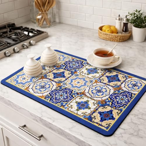 Home-Cloud HomeCloud Super Absorbent Dish Drying Mat for Kitchen Counter – Non-Slip, Heat-Resistant Rack Pad – Hides Stains, Ideal for Dishes, Coffee Maker, and Kitchen Appliances (Blue_Star, 50x40 cm) - Image 3