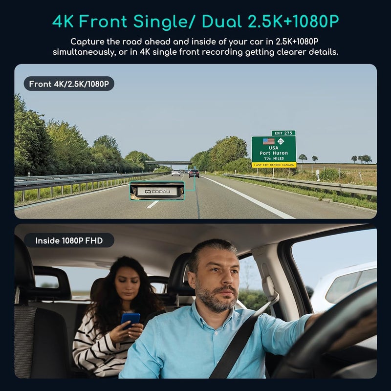 COOAU D30S 4K Dash Cam with GPS and Wi-Fi, Dual 2.5K 1080P Front and Inside Cameras, Infrared Night Vision, G-Sensor, and Parking Mode - Image 2
