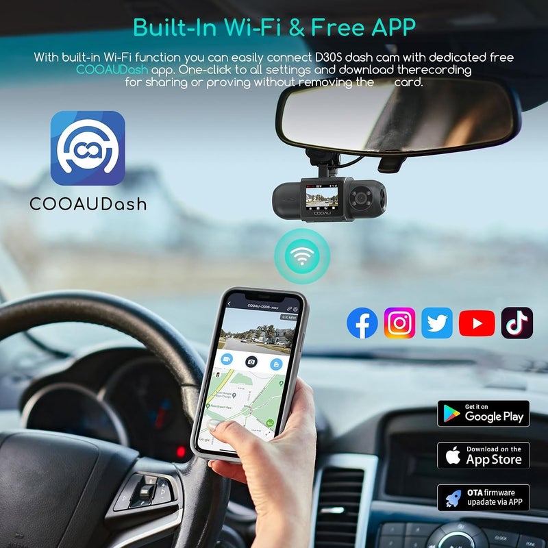 COOAU D30S 4K Dash Cam with GPS and Wi-Fi, Dual 2.5K 1080P Front and Inside Cameras, Infrared Night Vision, G-Sensor, and Parking Mode - Image 5