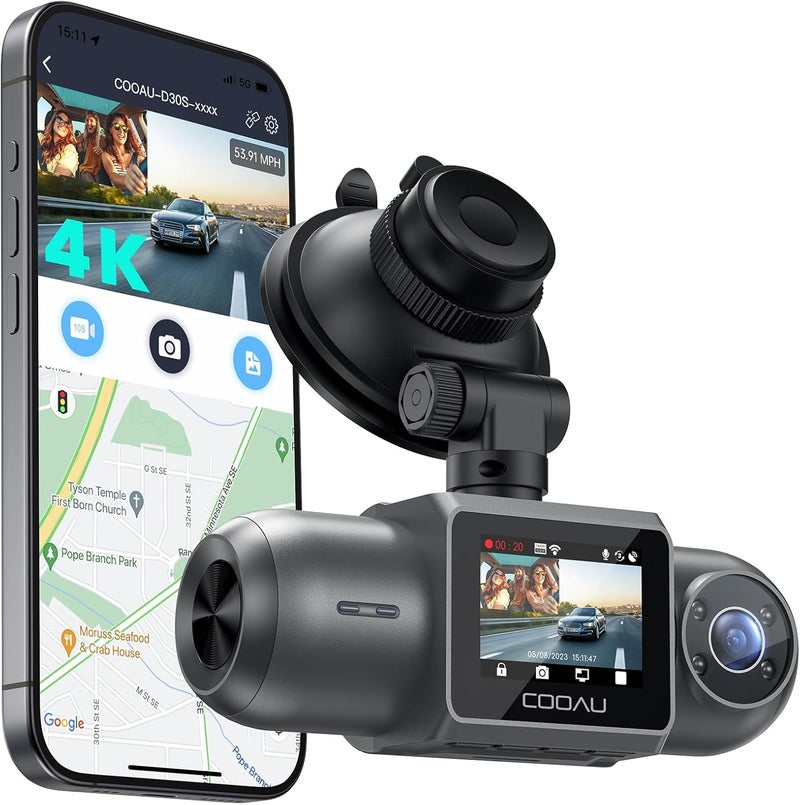 COOAU D30S 4K Dash Cam with GPS and Wi-Fi, Dual 2.5K 1080P Front and Inside Cameras, Infrared Night Vision, G-Sensor, and Parking Mode - Image 1